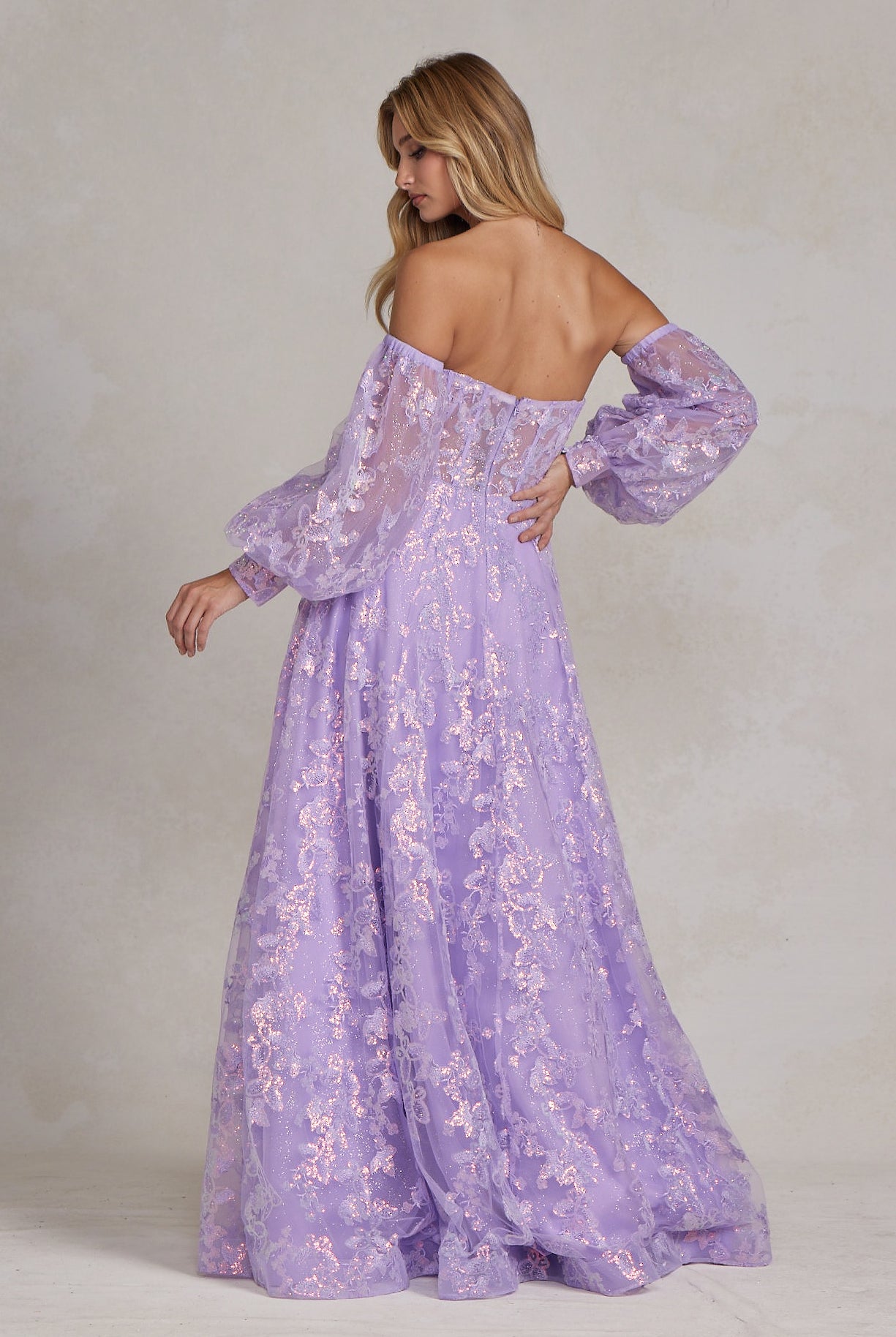 Off Shoulder Sweetheart Sheer Bodice Side Slit Open Back Long Prom Dress NXK1155-All Dresses-smcfashion.com