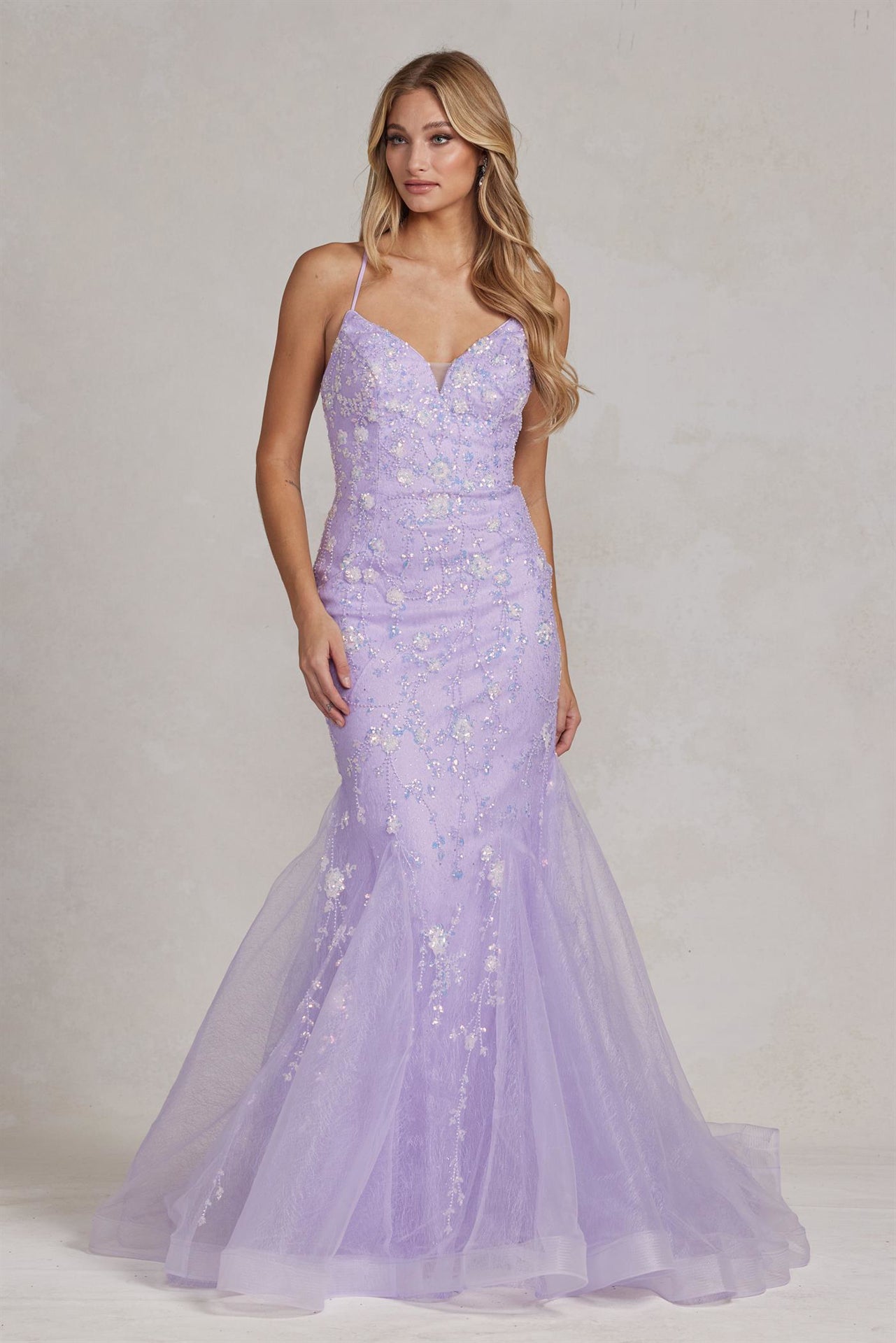 Mermaid Open Criss Cross Back Embroidered Flower Lace Long Prom Dress NXC1117-Prom Dress-smcfashion.com