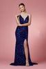 Plunging Neckline Fitted Bodice Velvet Sequince Trumpet Long Prom Dress NXR433