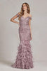 Off Shoulder Sweetheart Open Back Mermaid Feather Embellished Long Prom Dress NXC1106