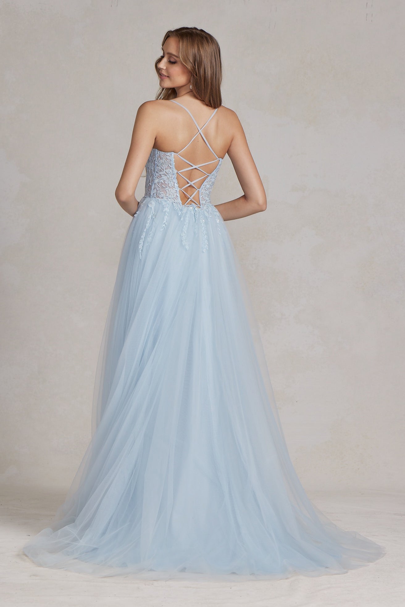 Embroidered Bodice Side Slit Tulle Skirt Long Prom Dress NXJ1089-Prom Dress-smcfashion.com