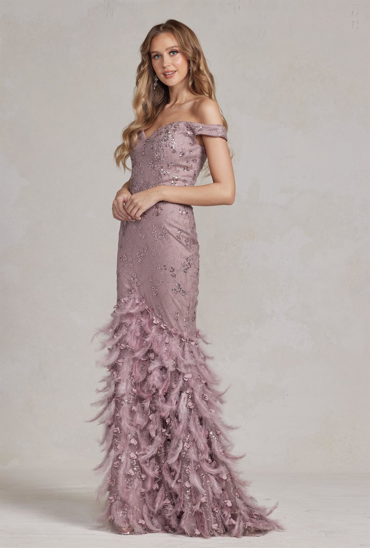 Off Shoulder Sweetheart Open Back Mermaid Feather Embellished Long Prom Dress NXC1106-Prom Dress-smcfashion.com