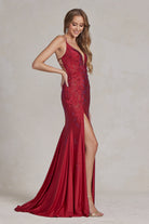 Embroidered Flowers Open Criss Cross Back Illusion V-Neck Long Evening Dress NXE1206-Prom Dress-smcfashion.com