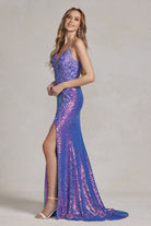 Side Slit Embroidered Applique Illusion V-Neck Long Evening Dress NXR1207-Evening Dress-smcfashion.com