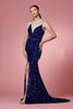 Plunging Neckline Fitted Bodice Velvet Sequince Trumpet Long Prom Dress NXR433