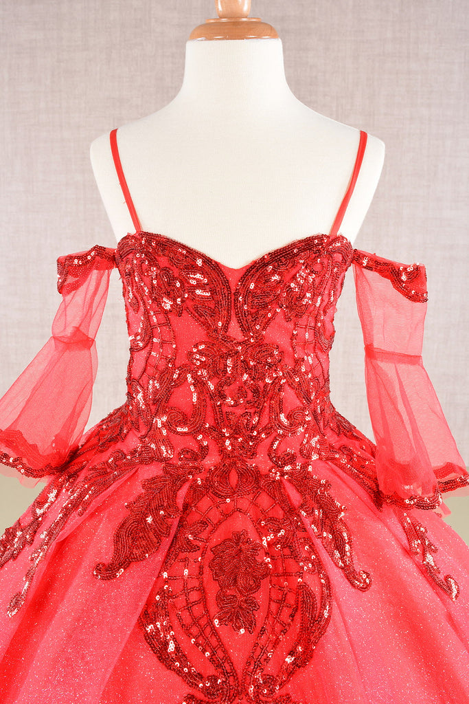 Glitter Sequin Embellished Mesh Kids Dress with Separate Mesh 3/4 Sleeves GLGK104