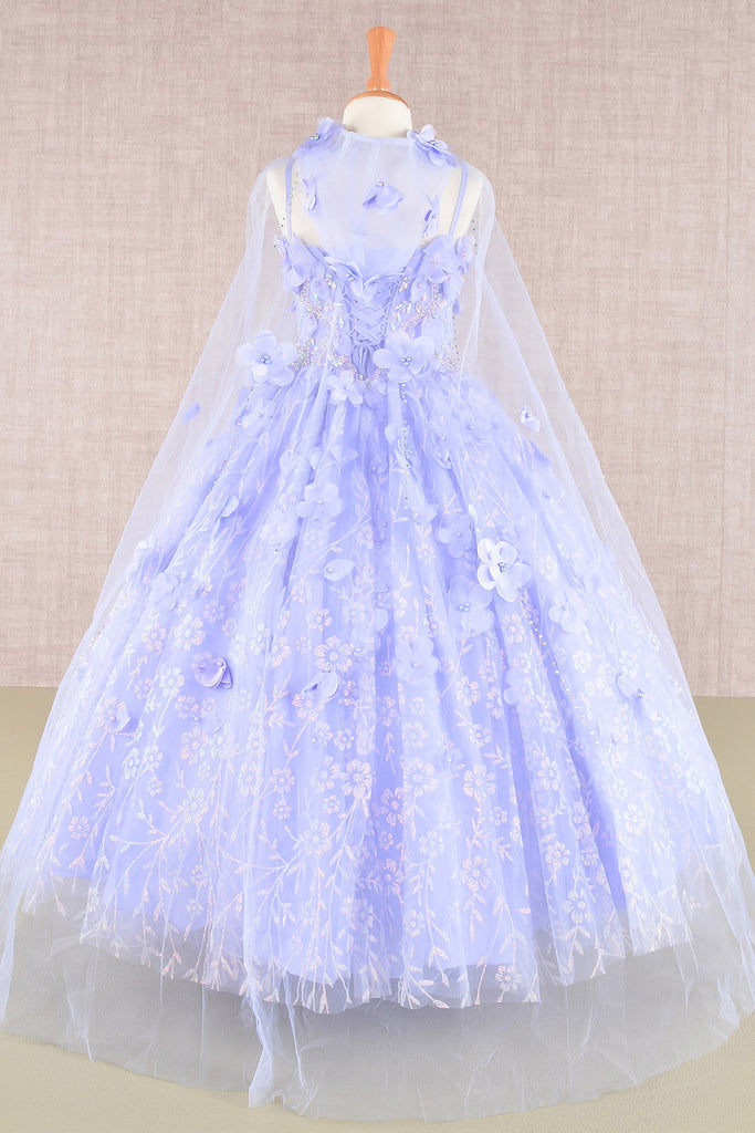 3D Flower Applique Jewel Mesh Kids Dress with Long Mesh Cloak GLGK105