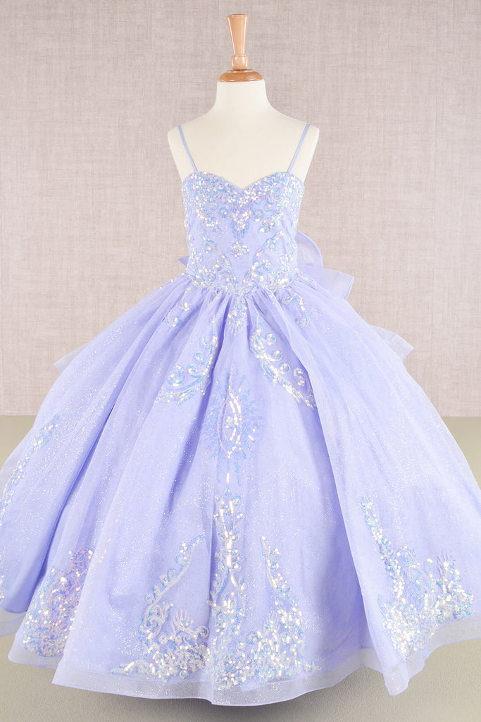 Spaghetti Strap Sequin Mesh with a Detachable Ribbon and Ruffled Back Skirt Quinceanera Kids Dress GLGK106