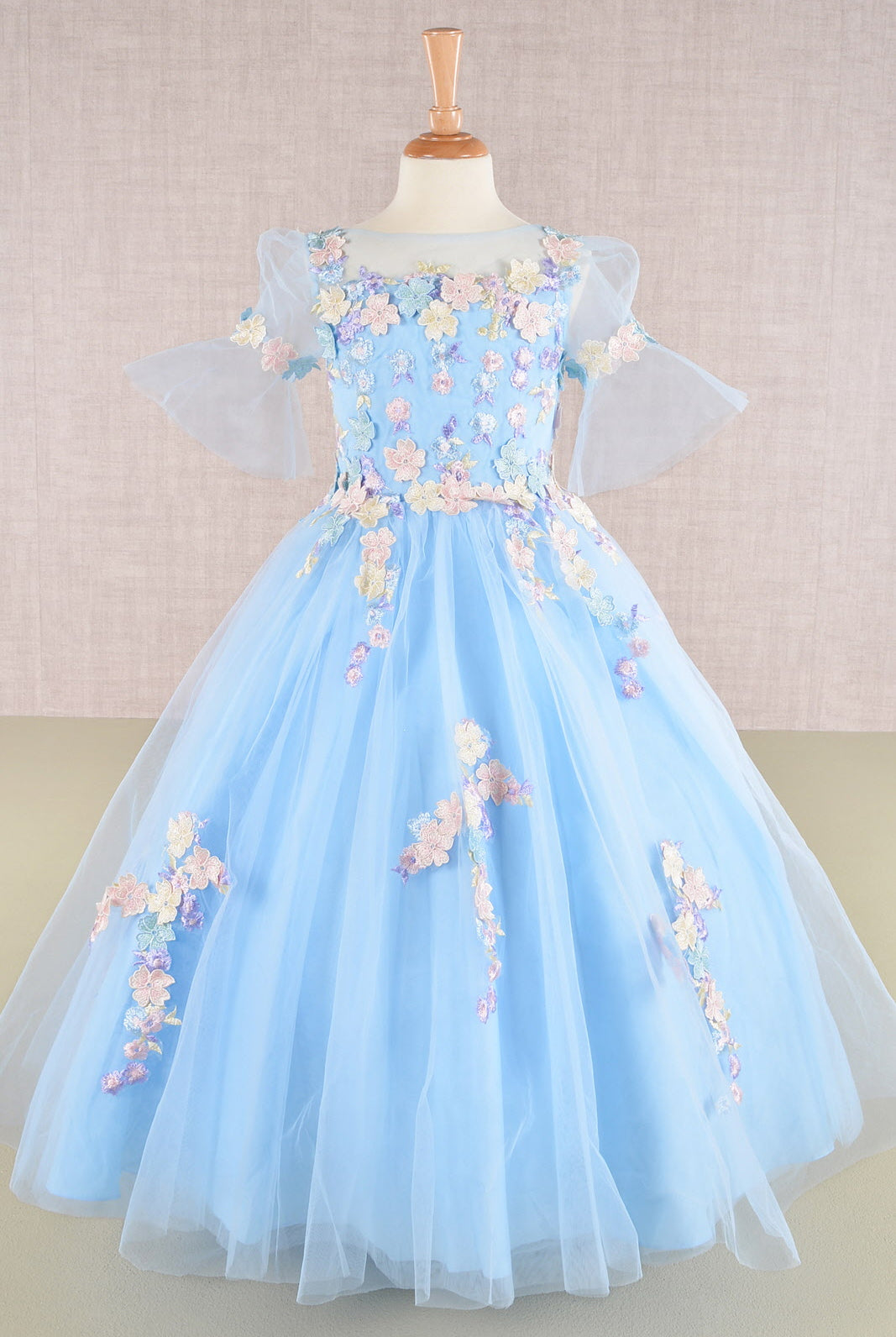 3D Floral Applique Mesh Kids Dress with Long Back Hem GLGK107-KIDS-smcfashion.com