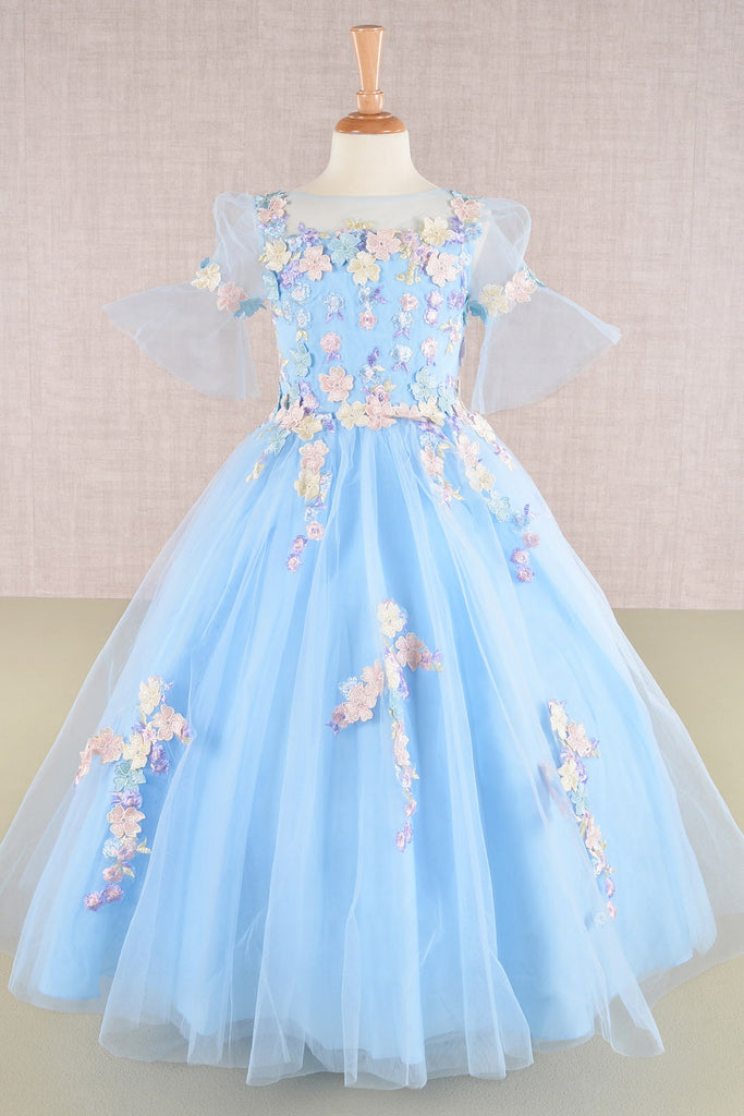 3D Floral Applique Mesh Kids Dress with Long Back Hem GLGK107
