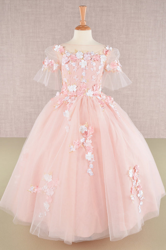 3D Floral Applique Mesh Kids Dress with Long Back Hem GLGK107