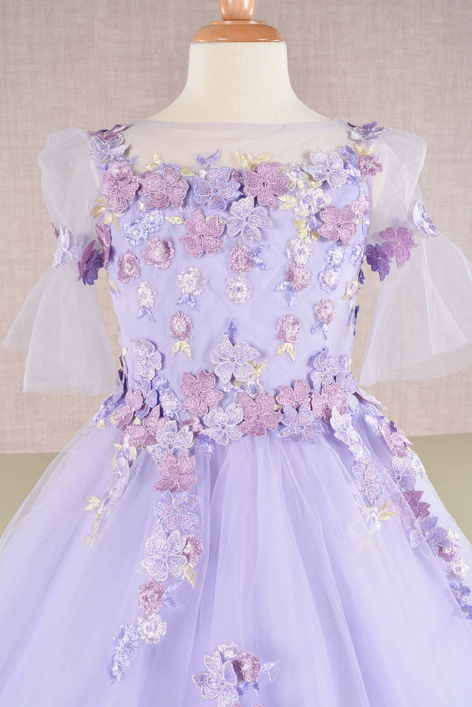 3D Floral Applique Mesh Kids Dress with Long Back Hem GLGK107
