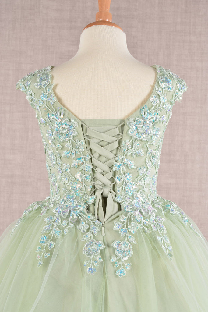 Sequin Embroidery Long Back Hem Mesh A-Line Quinceanera Kids Dress GLGK108