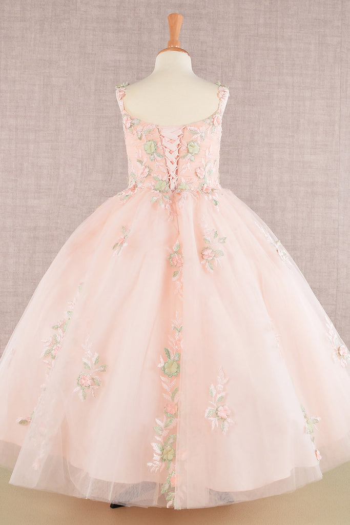 Floral Embroidery Embellished Ruched Bodice Mesh with Lace-up Back Quinceanera Kids Dress GLGK109