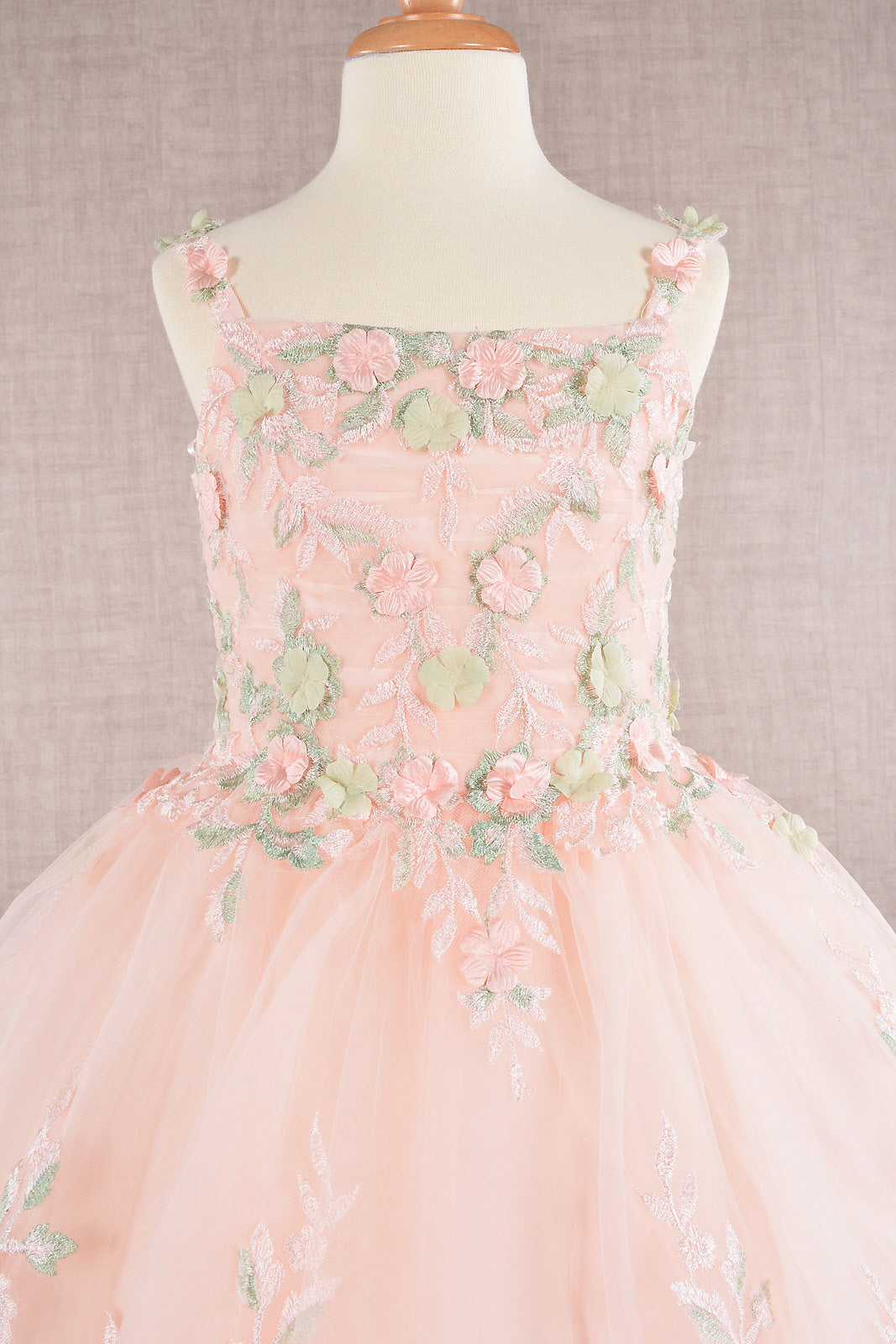 Floral Embroidery Embellished Ruched Bodice Mesh with Lace-up Back Quinceanera Kids Dress GLGK109-KIDS-smcfashion.com