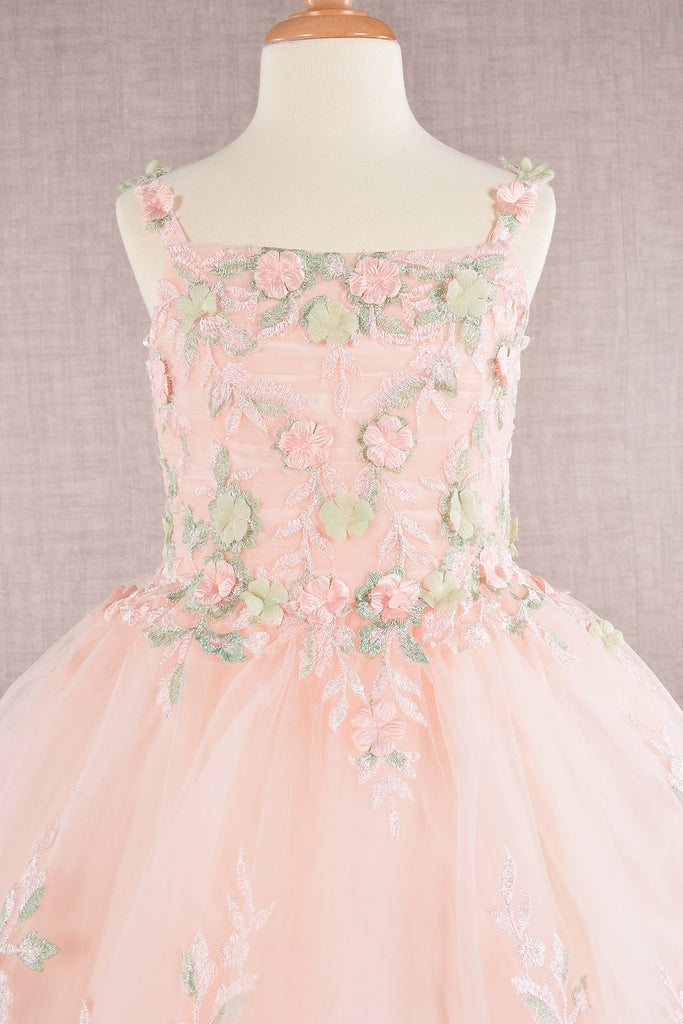 Floral Embroidery Embellished Ruched Bodice Mesh with Lace-up Back Quinceanera Kids Dress GLGK109