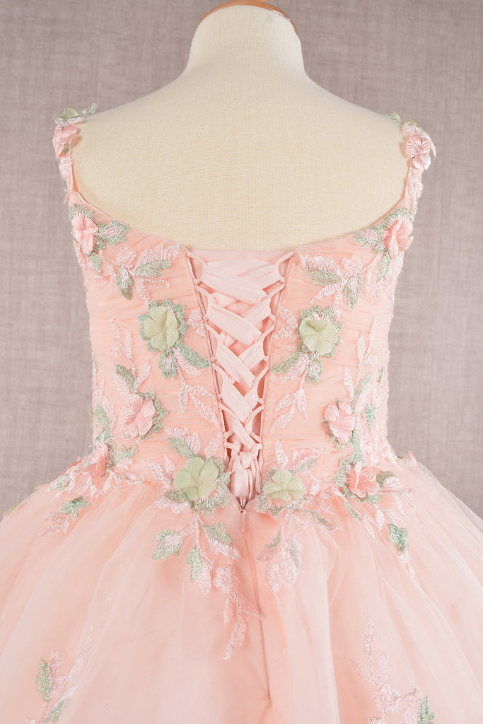 Floral Embroidery Embellished Ruched Bodice Mesh with Lace-up Back Quinceanera Kids Dress GLGK109