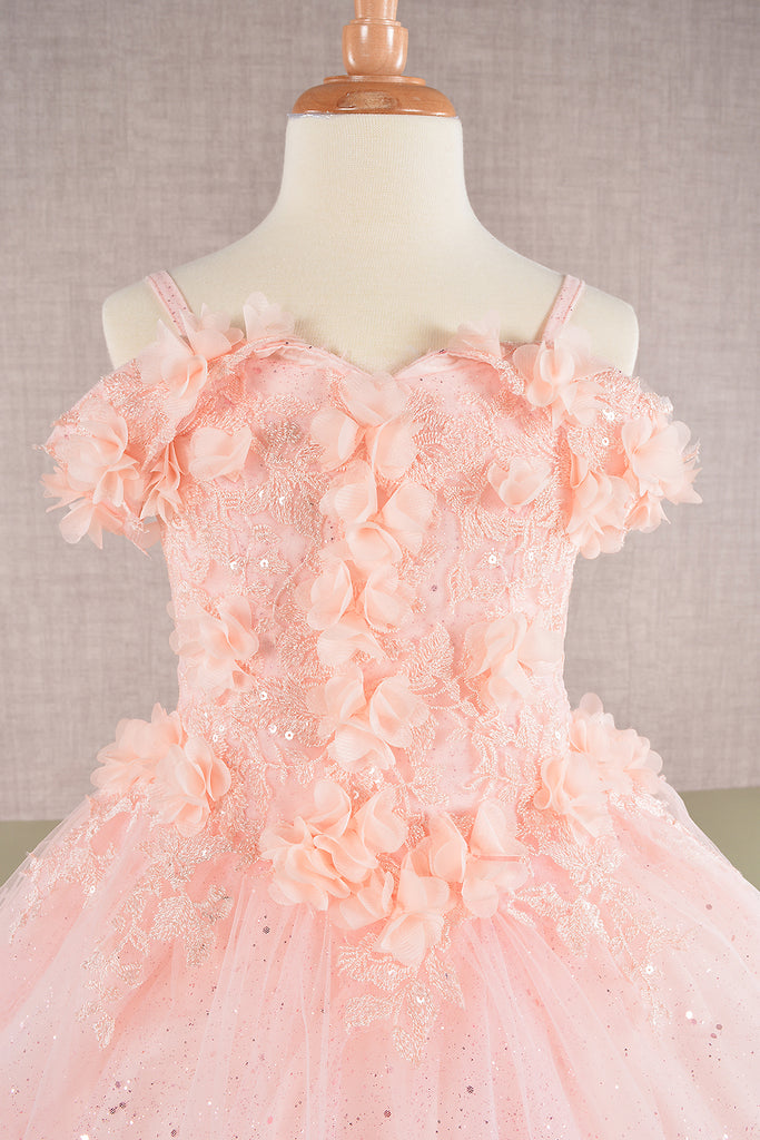 3D Floral Applique Embellished Glitter Embroidery Mesh Quinceanera Kids Dress GLGK110