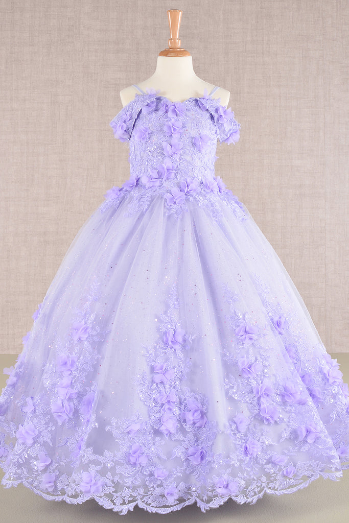 3D Floral Applique Embellished Glitter Embroidery Mesh Quinceanera Kids Dress GLGK110