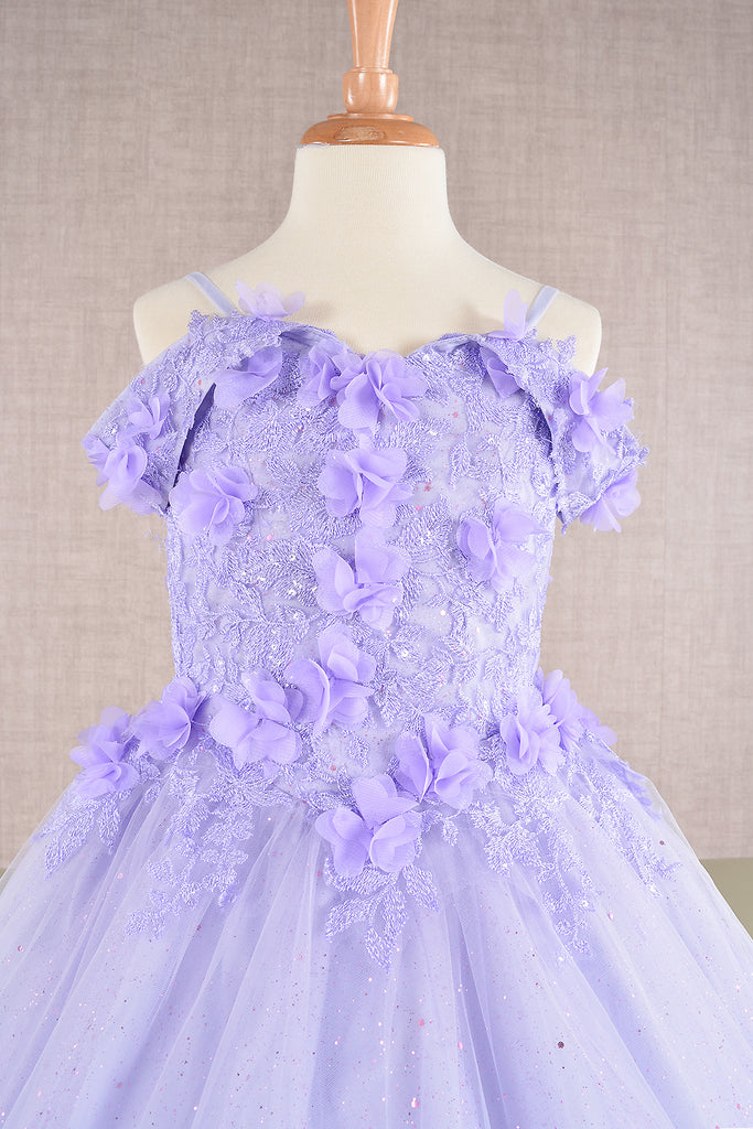 3D Floral Applique Embellished Glitter Embroidery Mesh Quinceanera Kids Dress GLGK110
