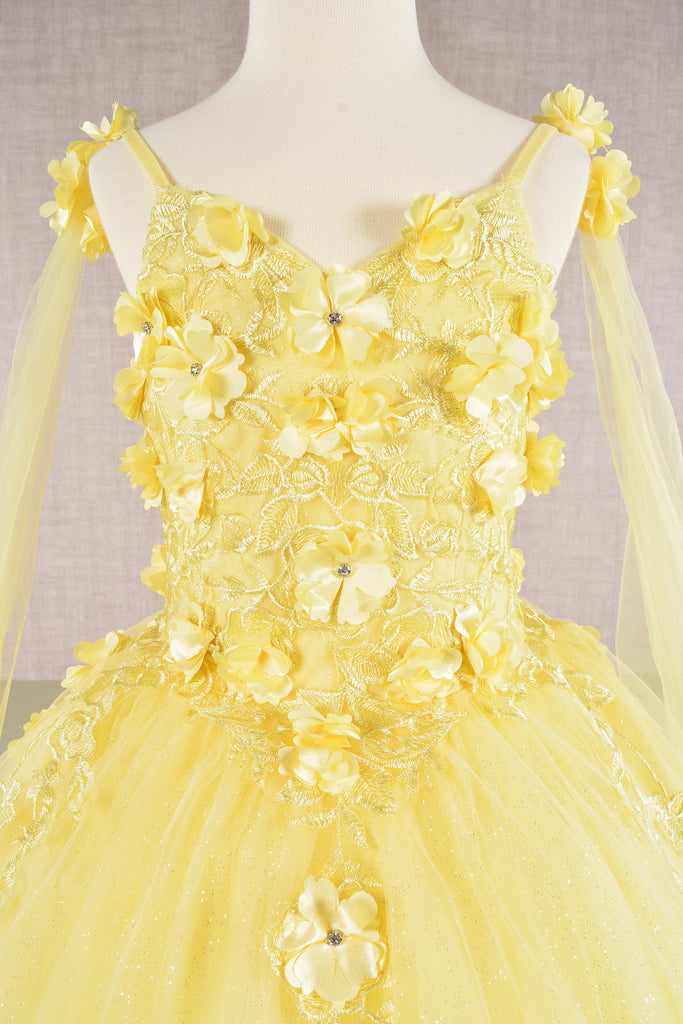 Floral Applique Glitter Mesh with Detachable Side Mesh Drape Quinceanera Kids Dress GLGK111