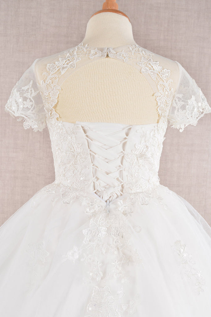 Floral Lace Embellished Bodice Short Sleeve Mesh Kids Dress with Cut-Out Back GLGK113