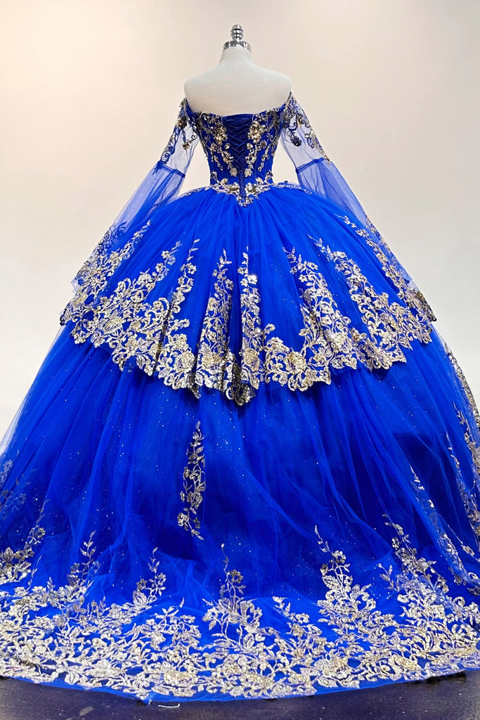 Gold Sequin Off Shoulder Mesh w/ Detachable Long Sleeves Long Quinceanera Dress GLGL3184