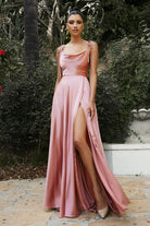 Satin A-Line Cowl Neck Spaghetti Strap Bodice Sexy High Leg Slit Elegant Prom & Bridesmaid Dress CDBD104-Bridesmaid Dress-smcfashion.com