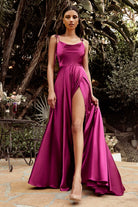 Satin A-Line Cowl Neck Spaghetti Strap Bodice Sexy High Leg Slit Elegant Prom & Bridesmaid Dress CDBD104-Bridesmaid Dress-smcfashion.com