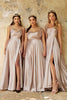 Satin A-Line Cowl Neck Spaghetti Strap Bodice Sexy High Leg Slit Elegant Prom & Bridesmaid Dress CDBD104