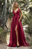 Flowy Satin Prom Gown A-Line Skirt with High Leg Slit Fitted on Waist Bodice Vintage Neckline with Tied Straps CDBD105