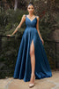Flowy Satin A-Line Skirt with High Leg Slit Fitted on Waist Bodice Vintage Neckline with Tied Straps Prom Gown CDBD105