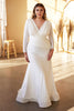 Plus Size Elegant Modern Bride Style Stretch Mermaid Curvy Wedding Dress Fitted Bodice with Plunging V-neck Long Sleeves CDCD0169C