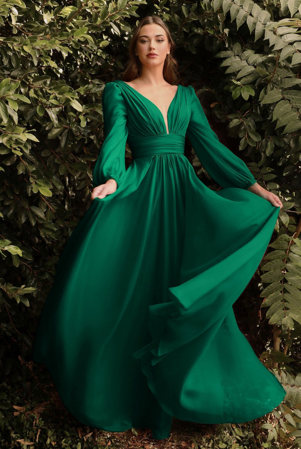 Long Sleeve Chiffon Prom & Ball Dress Modest Gown Gathered Fitted Bodice Sensual Open Back A-line Silhouette CDCD0192 Sale-Prom Dress-smcfashion.com