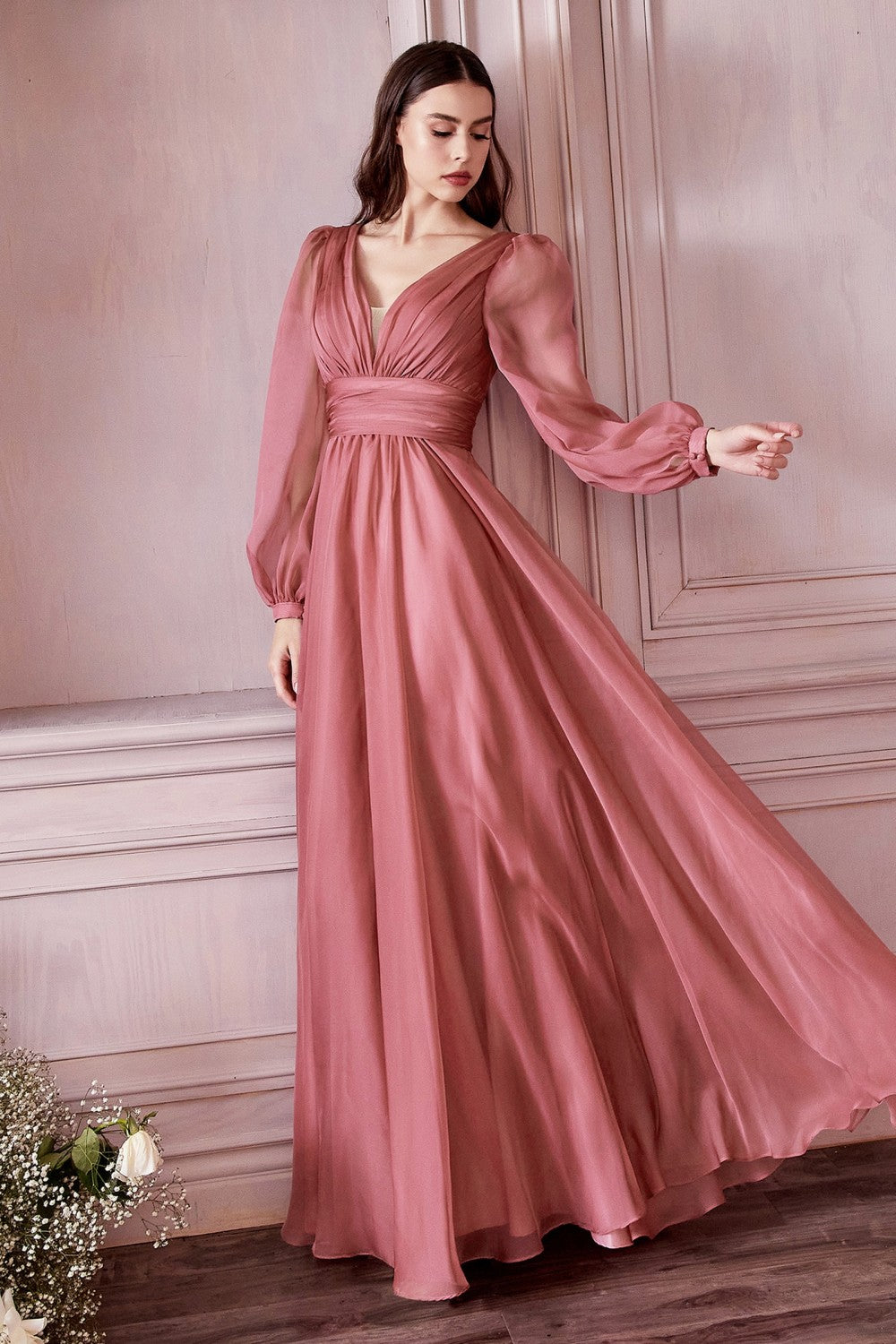 Unique Long Open Sleeves Canyon Rose Chiffon Long Dress