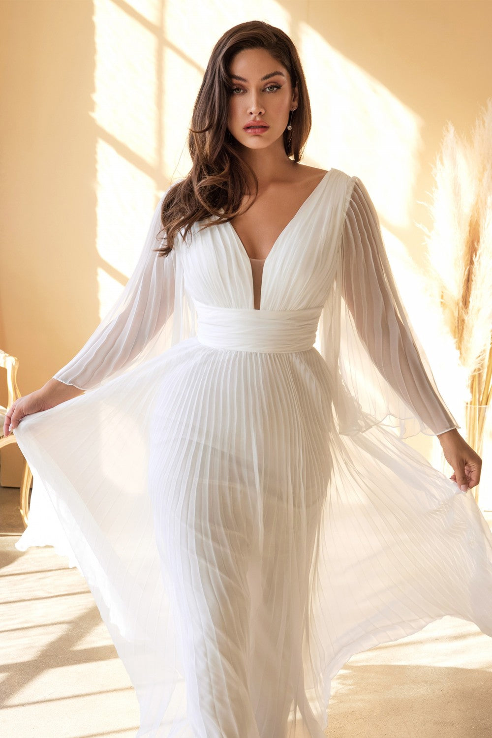 Pleated Chiffon Bridal Gown Deep v-neckline Bodice with Open Back and Covered Shoulders Pretty Wedding Ceremony Dress CDCD242W Sale-Wedding Dresses-smcfashion.com