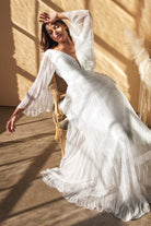 Pleated Chiffon Bridal Gown Deep v-neckline Bodice with Open Back and Covered Shoulders Pretty Wedding Ceremony Dress CDCD242W Sale-Wedding Dresses-smcfashion.com