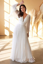 Pleated Chiffon Bridal Gown Deep v-neckline Bodice with Open Back and Covered Shoulders Pretty Wedding Ceremony Dress CDCD242W Sale-Wedding Dresses-smcfashion.com