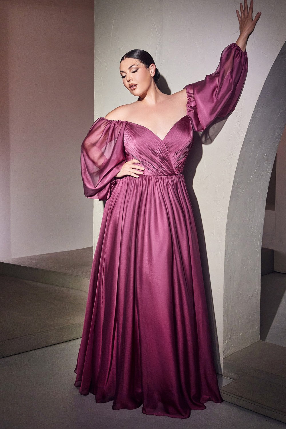 Classic Evening & Prom Dresses Long Sleeves Bodice A-line Chiffon Gown Plus Size Luxury Royal Style CDCD243C