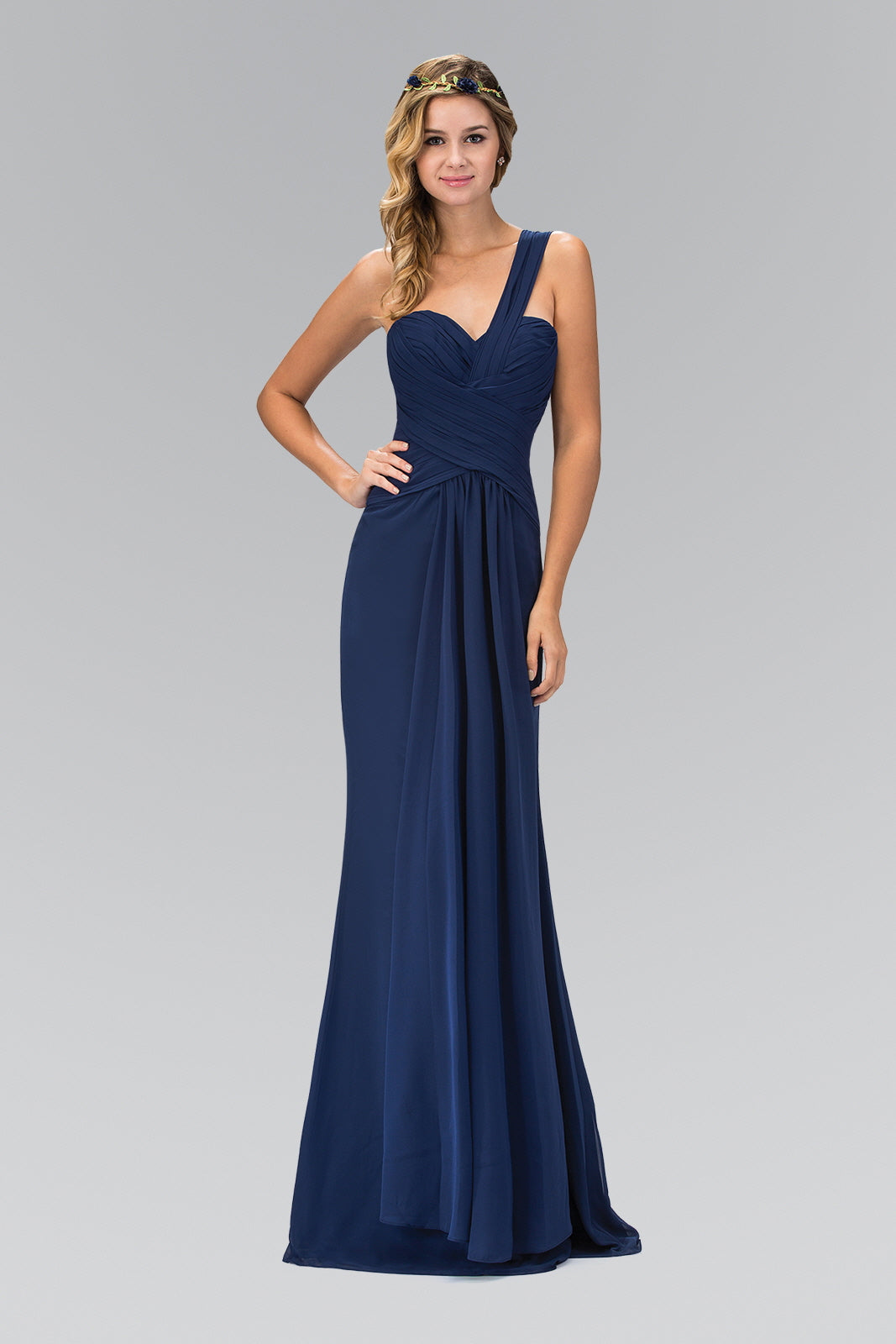 One Shoulder Ruched with Sweetheart Neckline Long Bridesmaid Dress GLG