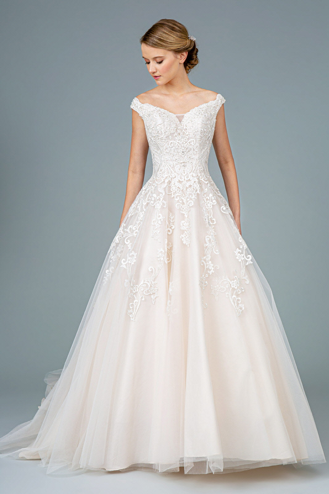 Embroidery Embellished Mesh A-Line Wedding Gown Tail GLGL1800-WEDDING GOWNS-smcfashion.com