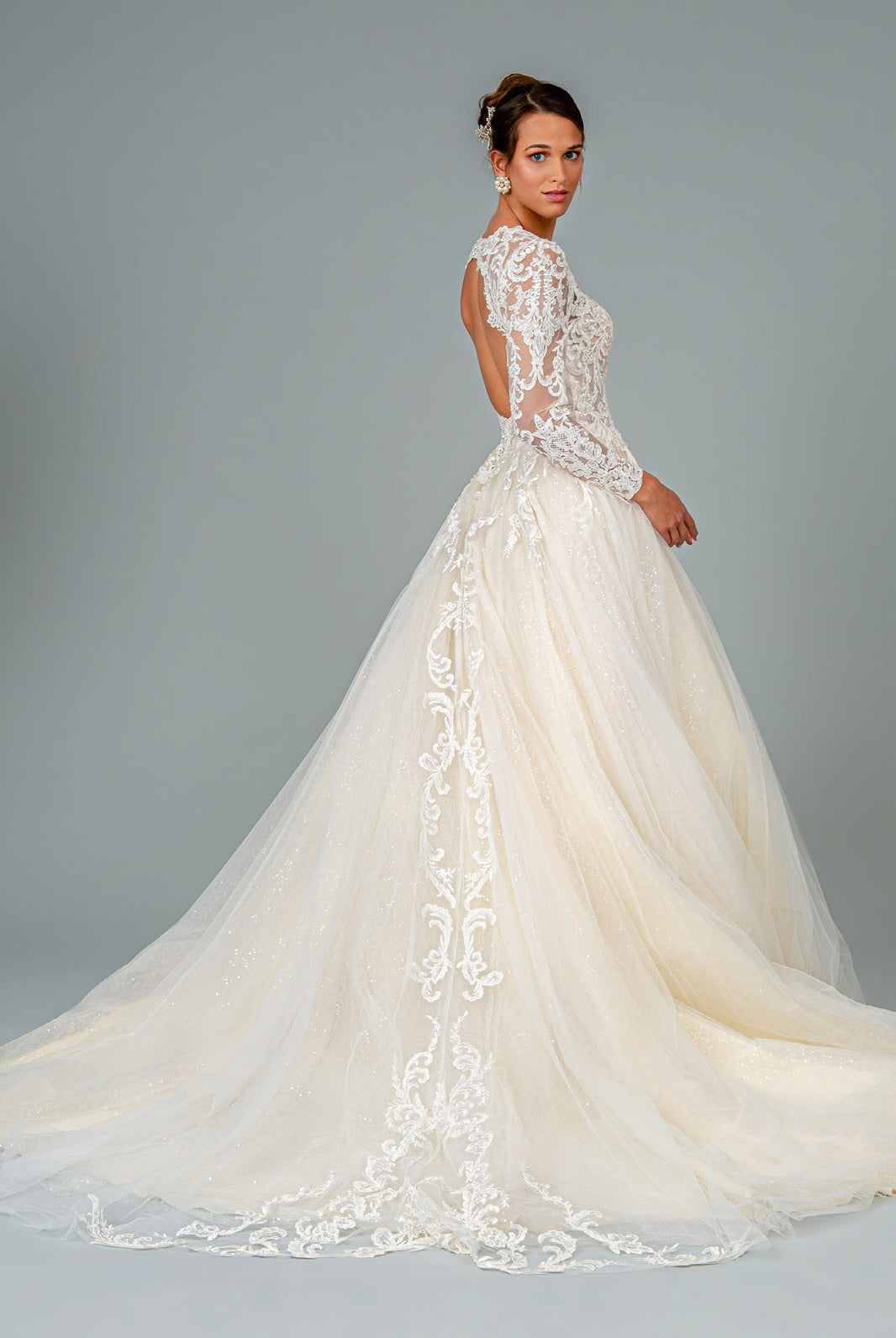 Illusion V-Neck Embroidered Mesh Wedding Gown Sequin Lining GLGL1804-WEDDING GOWNS-smcfashion.com