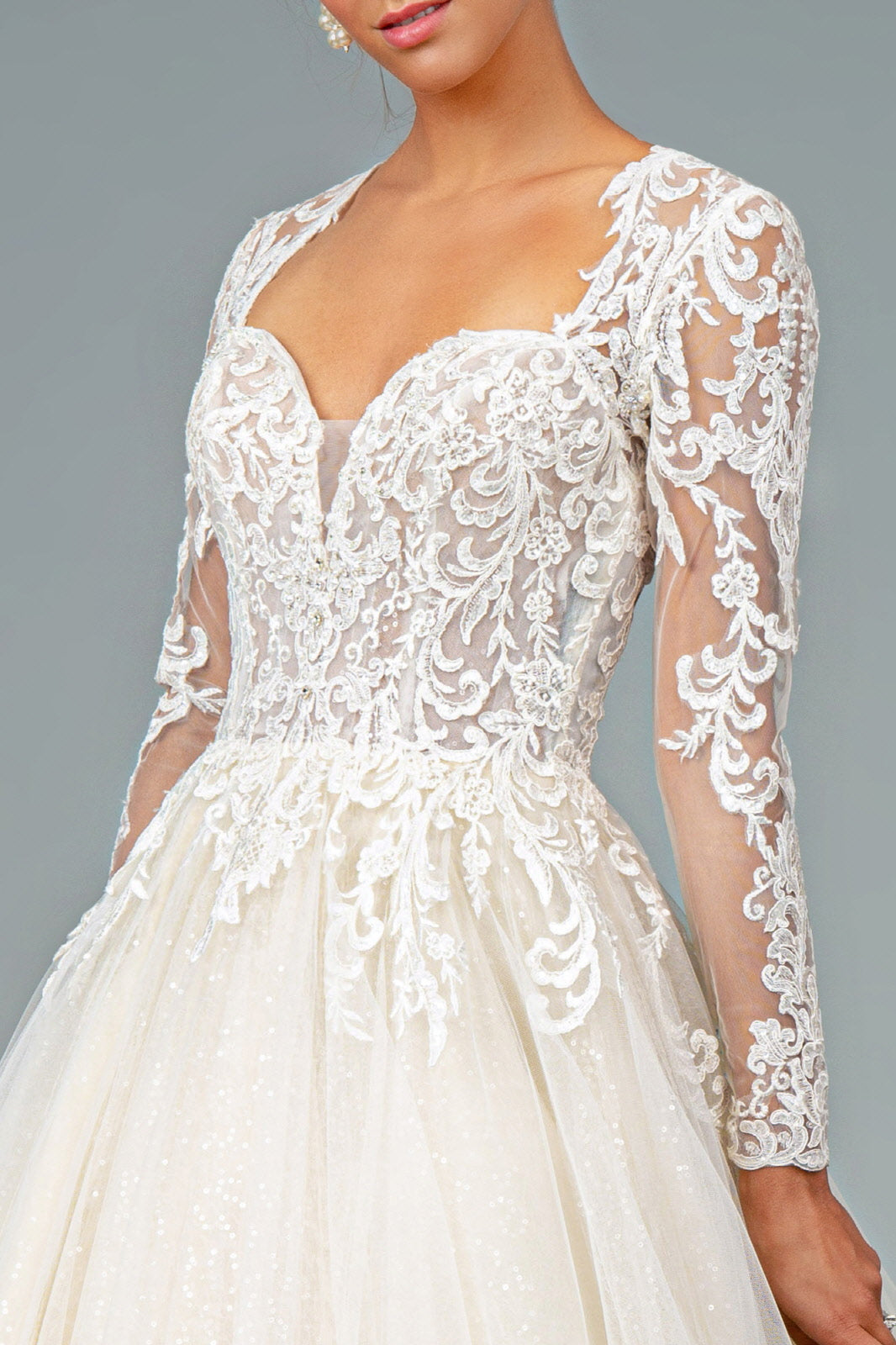 Illusion V-Neck Embroidered Mesh w/ Sequin Lining Long Wedding Dress G smcfashion.com Illusion V-Neck Embroidered Mesh w/ Sequin Lining Long Wedding Dress G smcfashion.com
