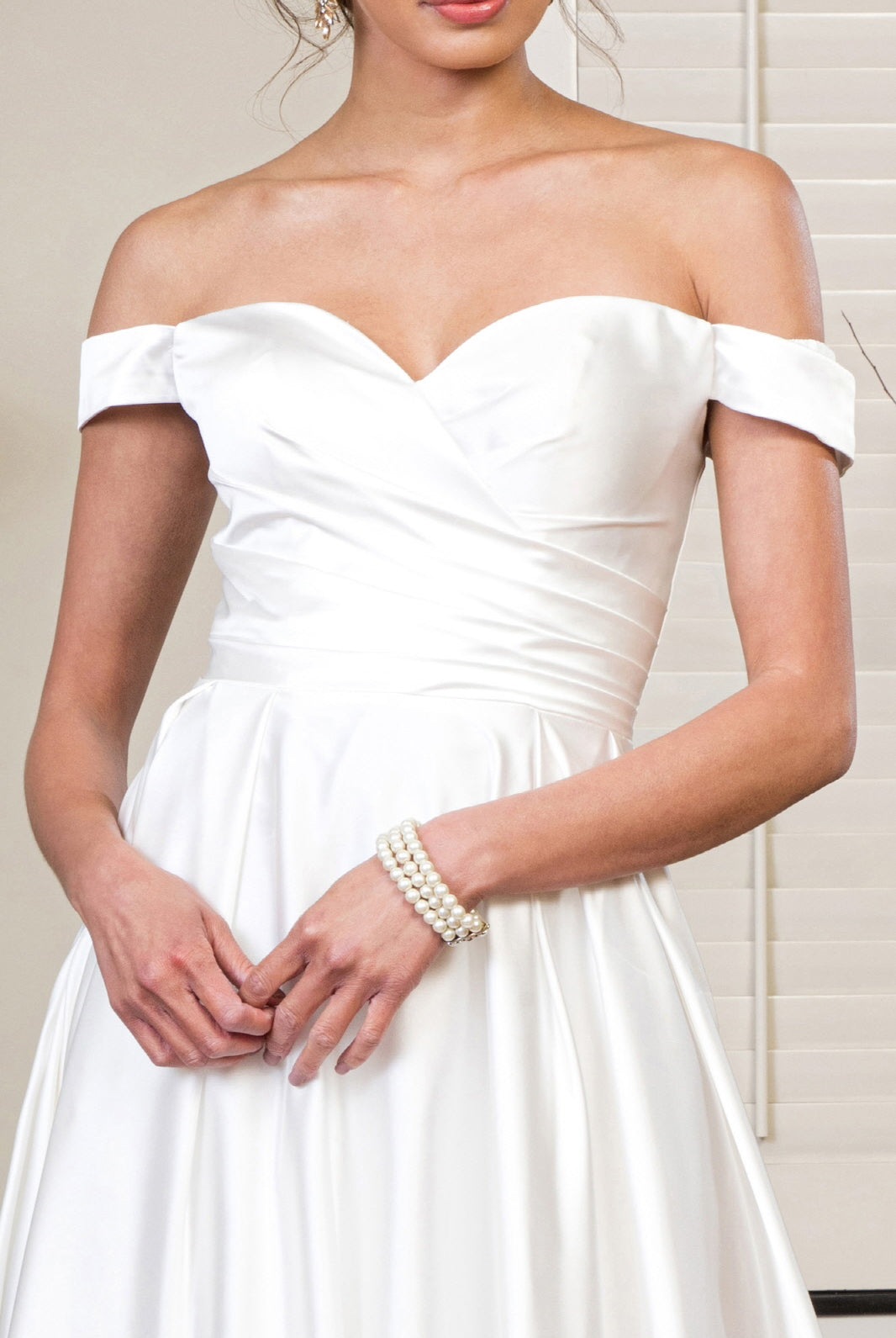 Pleated Waistline Sweethearted Cut-Away Shoulder Satin A-Line Dress - Mask Not Included GLGL1908-Wedding Dress-smcfashion.com