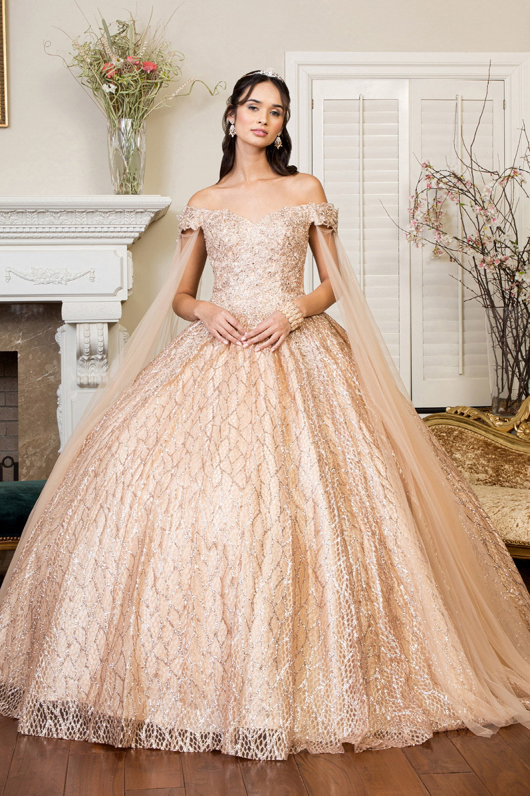 Cut Away Shoulder Sweethearted Glitter Mesh Quinceanera Dress GLGL1926