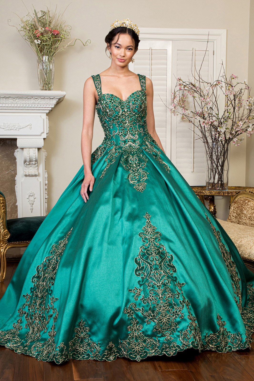 Embroidered Mesh Strap Satin w Mesh Tail Quinceanera Dress Mask