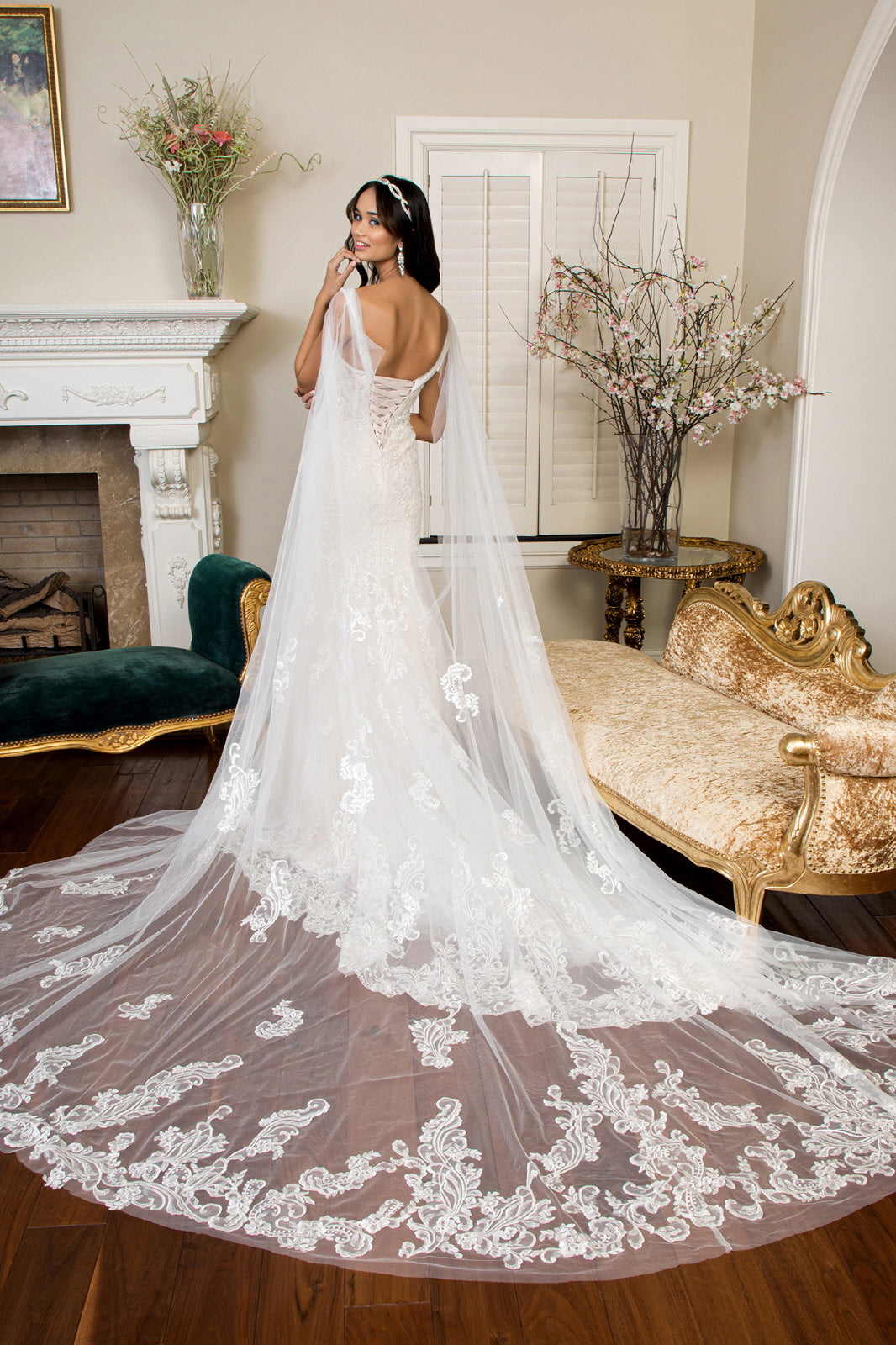 Embroidered V-Neck Mermaid w/ Detachable Cape Wedding Dress - Mask Not smcfashion.com Embroidered V-Neck Mermaid w/ Detachable Cape Wedding Dress - Mask Not smcfashion.com