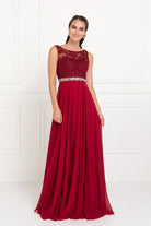 Lace Top Chiffon Long Dress Accented by Jewels on the Waist GLGL2420-PROM-smcfashion.com