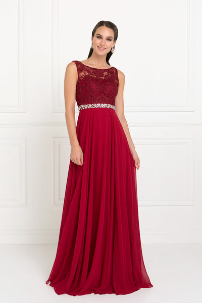 Lace Top Chiffon Long Dress Accented by Jewels on the Waist GLGL2420