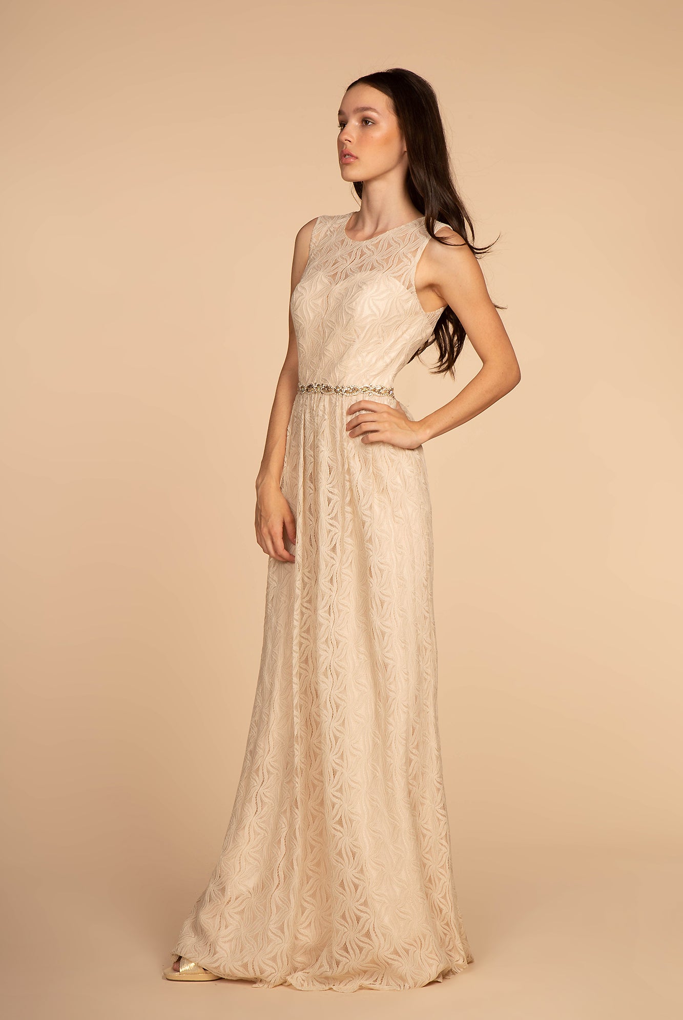 Jewel Embellished Waist Lace Long Dress GLGL2611-MOTHER OF BRIDE-smcfashion.com